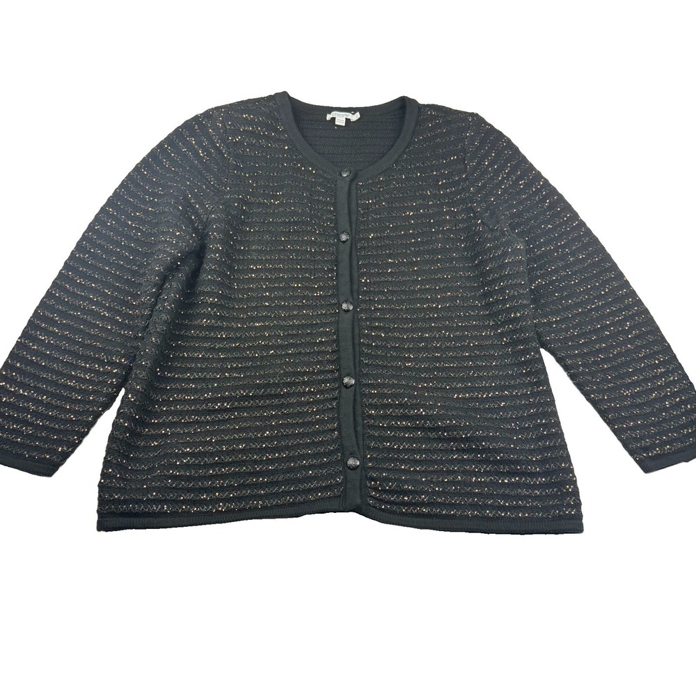 Chico's Sequin Tweed Cardigan Jacket Black Crest Buttons 3 Size XL